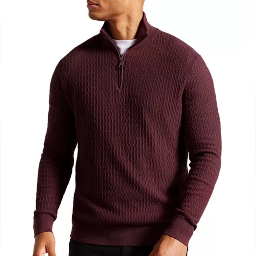 NWT Ted Baker Mens Brown Textured  1/4 Quarter Zip Stylish Pullover Sweater S